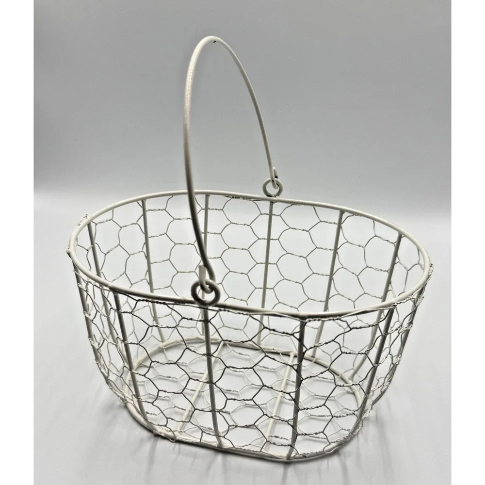 Primitive White Oval Chicken Wire Egg Gathering Basket Farmhouse Rustic Country